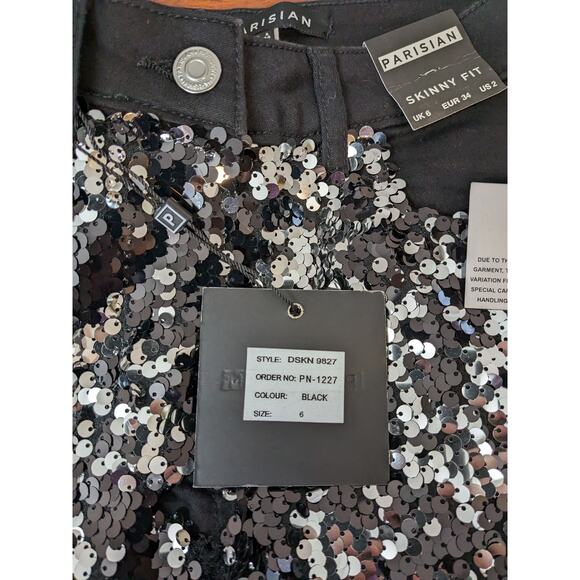 Parisian Sequin Jeans Womens 2 Black Silver Skinny Concert Mid Rise Embellished - Picture 5 of 13